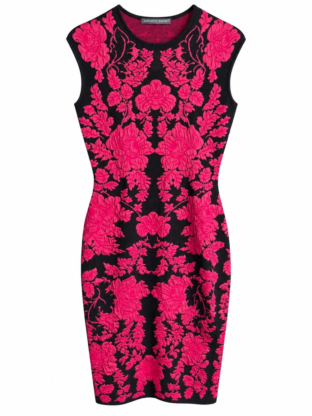 Alexander McQueen Black & Hot Pink Floral Jacquard Knit Midi Dress Size M/6